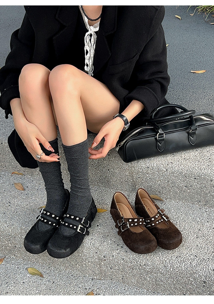 Karin Luna Hot Item Hot Item Punk Style One-Strap Round-Toe Suede Leather Height-Increasing Flats
