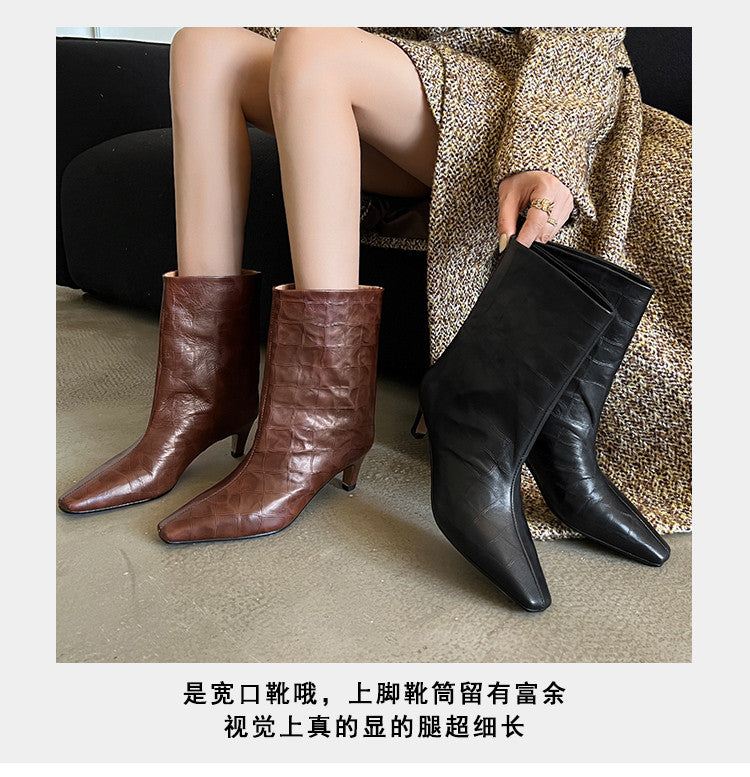Karin Luna In Stock Spot Goods Top Layer Stone Pattern Cowhide Textured Small Square Toe Straight Short Boots