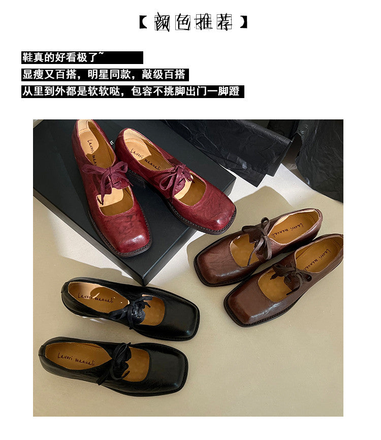 Karin Luna In Stock Spot Goods   Full leather inside and out Vegetable Tanned Hand-Grabbed Sheepskin Square-Toed Chunky Heel Single Shoes
