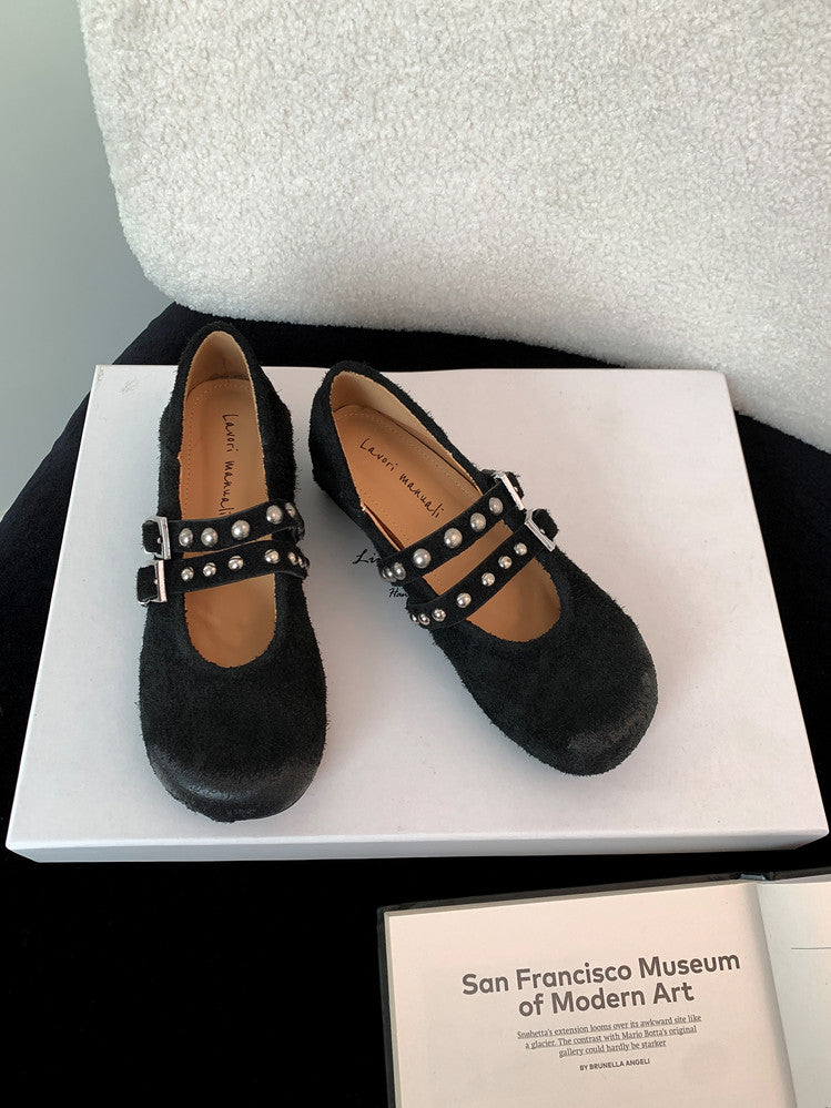 Karin Luna Hot Item Hot Item Punk Style One-Strap Round-Toe Suede Leather Height-Increasing Flats