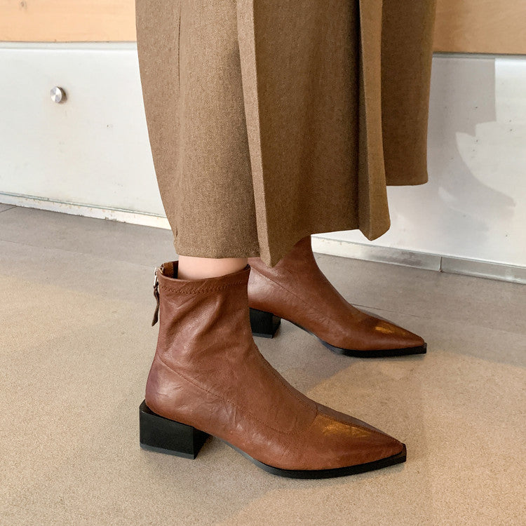Karin Luna Elegant Style Pointed Toe Chunky Heel Short Boots