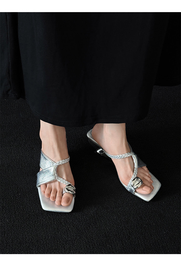 Karin Luna Braided Style ~Cross Strap Square Toe Irregular Heel Slippers
