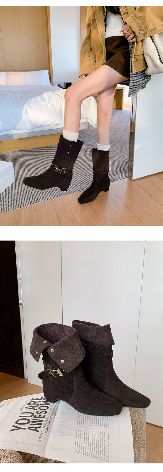 Karin Luna Foldable Belt Buckle Square Toe Hidden Wedge Short Boots