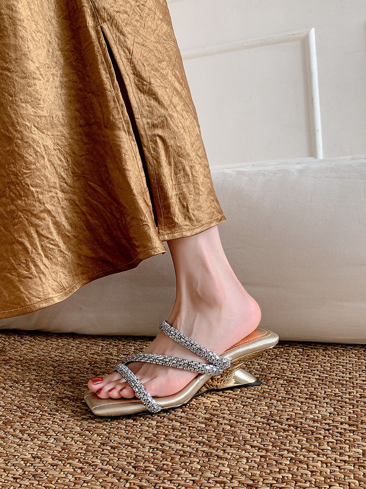 Karin Luna In Stock Spot Goods  Rhinestone One-Strap Irregular Heel Square-Toe Slippers