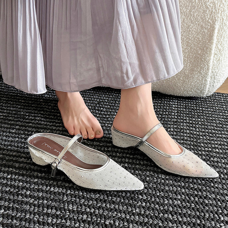 Karin Luna In Stock Spot Goods  Breathable Mesh Fabric Embellished Hand Drill Pointed Toe Slippers