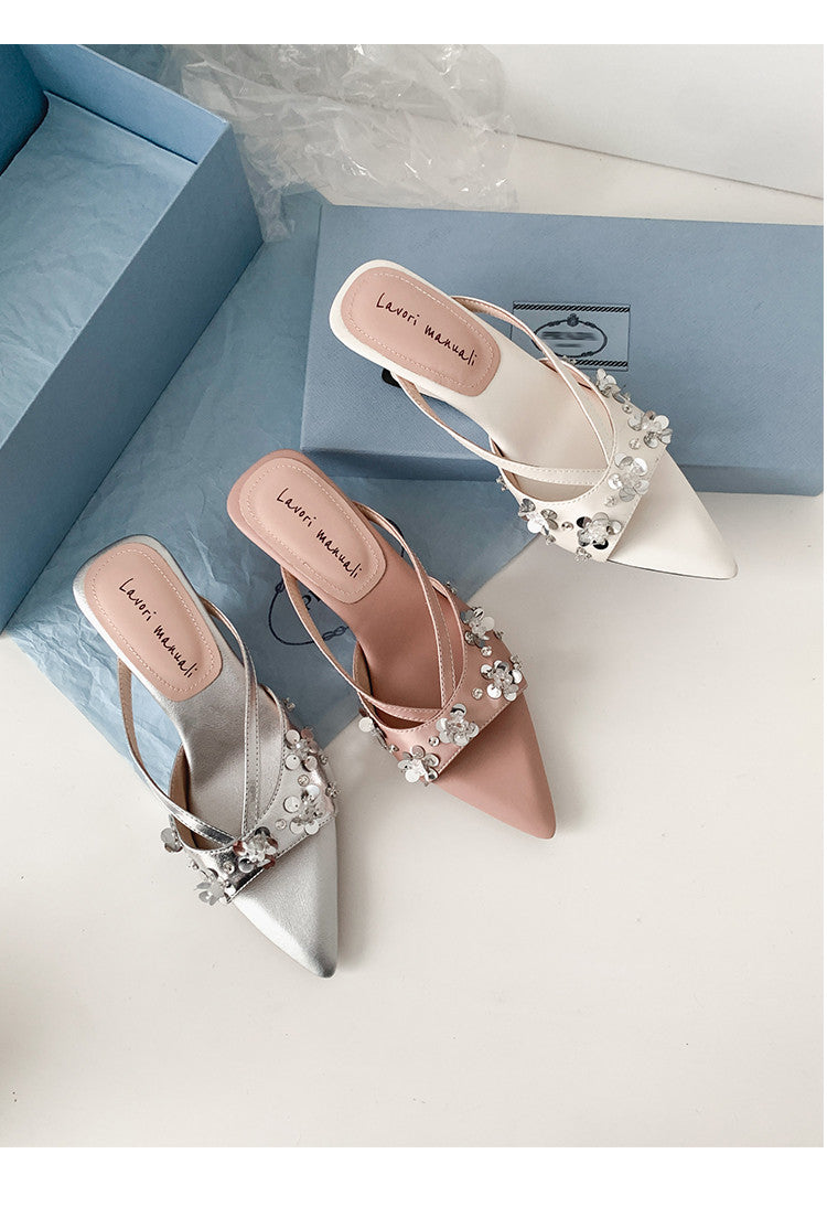 Karin Luna Bestseller Sequin Elements Elegant Pointed Toe Irregular Heel Slippers