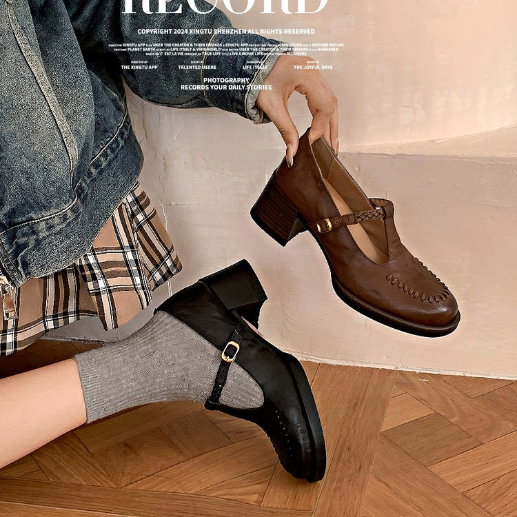 Karin Luna In Stock Spot Goods Vintage Braided Twist High Heels T Round Toe Thick Sole Single Shoes