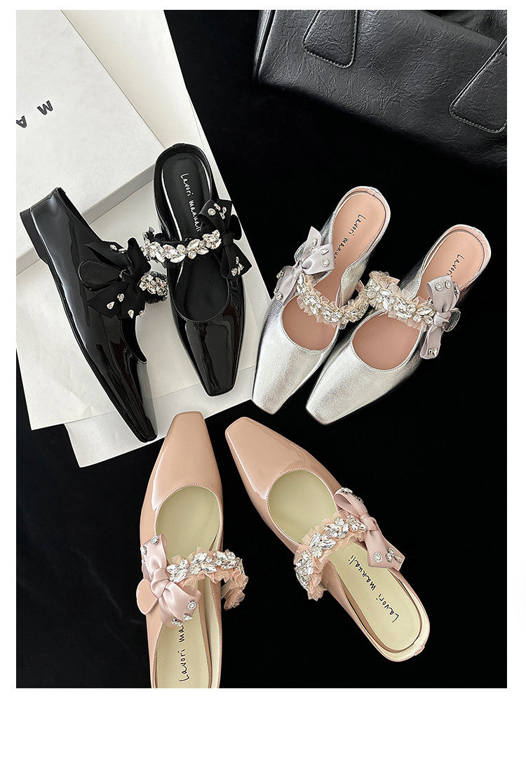Karin Luna Handmade One-Strap Rhinestone Ribbon Square-Toe Mules