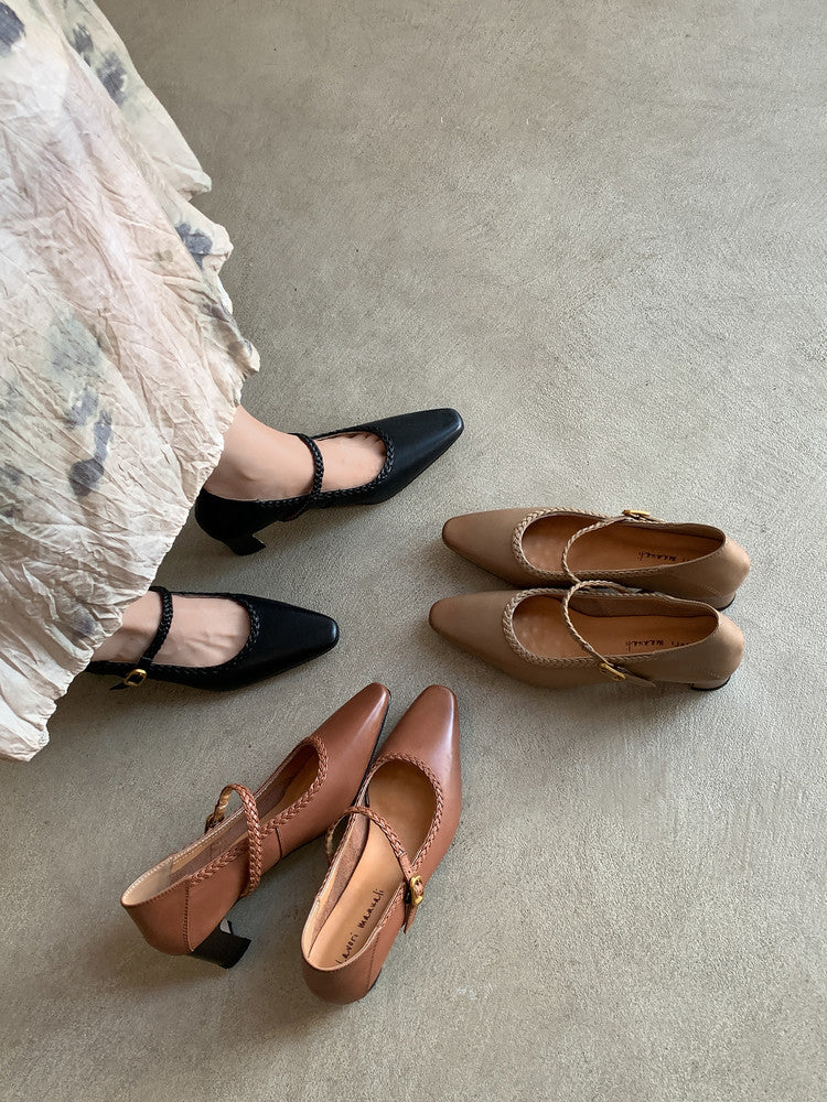 Karin Luna Braided Element Design Chunky Heel Square Toe Single Strap Shoes