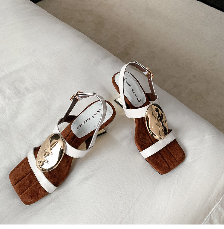 Karin Luna In Stock In Stock  Square Toe Suede Metal Heel Elegant Sandals