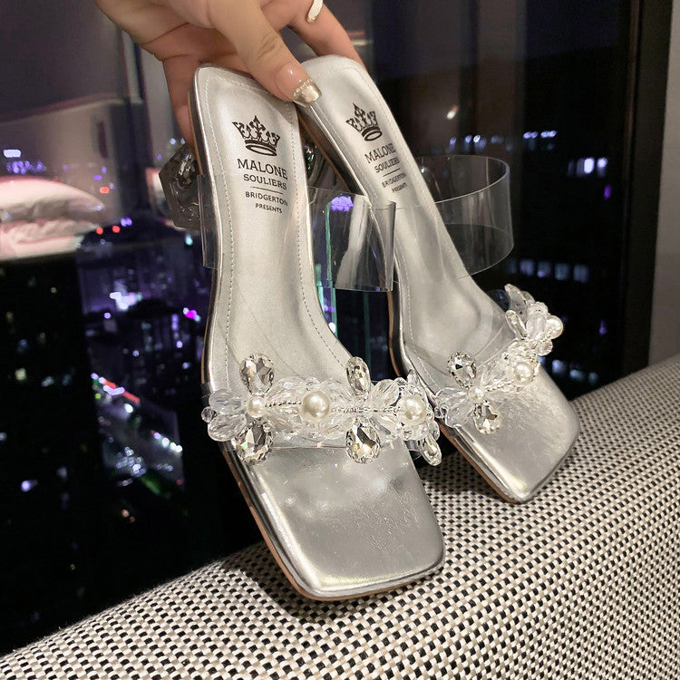 Karin Luna In Stock Spot Goods  Always in stock Square Toe Sweet Rhinestone Crystal Heel Slippers