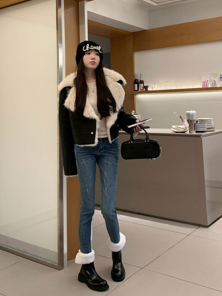 Karin Luna Classic Basic Style   Convertible Foldable Hidden Buckle Snow Fur Shoes Full cowhide Basic Flat Short Boots
