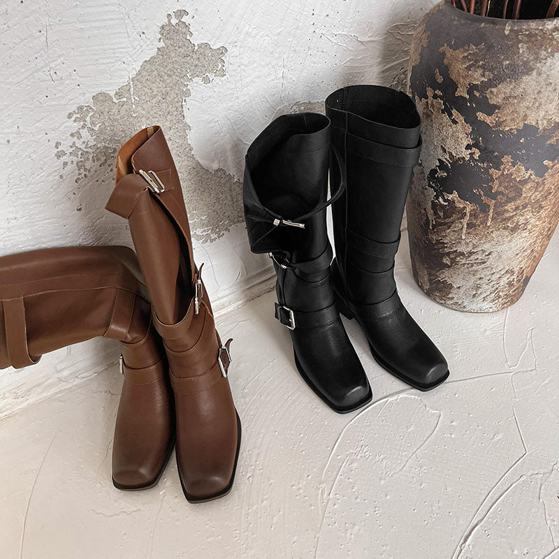 Karin Luna In Stock In Stock European and American Style Square Toe Thick Sole Belt Buckle Long Boots