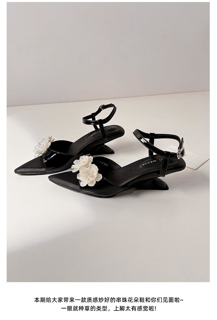 Karin Luna In Stock Spot Goods  Classic Camellia Pointed Toe Elegant Irregular Heel Sandals