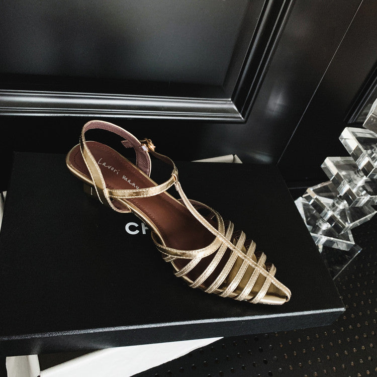 Karin Luna French Hollow Toe Metal Heel Elegant Sandals