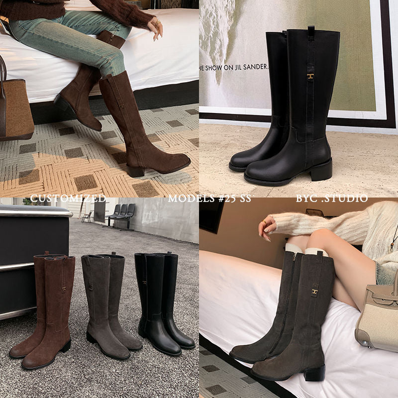 Karin Luna In Stock Spot Goods Basic Retro Square Toe Chunky Heel Riding Boots