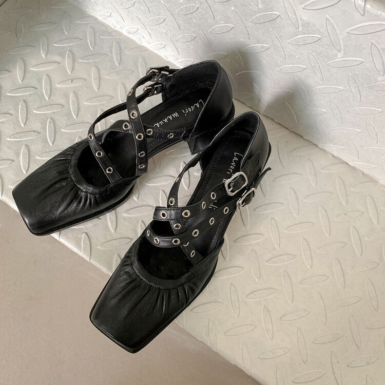 Karin Luna In Stock Spot Goods First Layer Sheepskin Cross Strap Rivet Square Toe Mary Jane Sandals