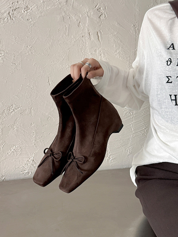 Karin Luna French Style Square Toe Bowknot Hidden Wedge Slim Boots