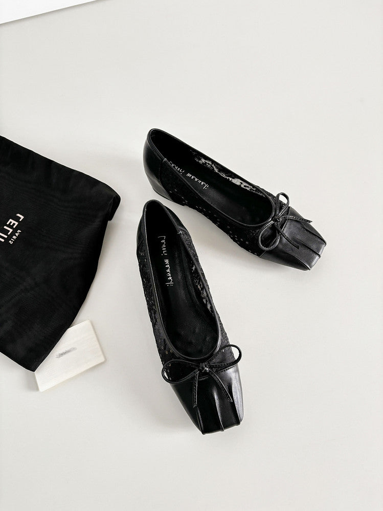 Karin Luna In Stock In Stock  Wrinkled Square Toe Patchwork Breathable Mesh Bow Granny Shoes