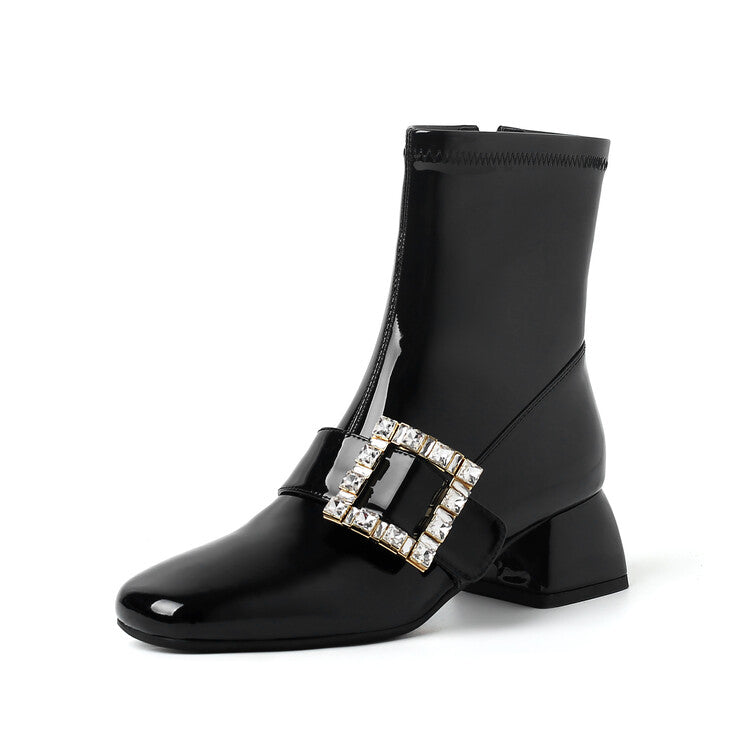 Karin Luna French Retro Square Buckle Rhinestone Chunky Heel Short Boots