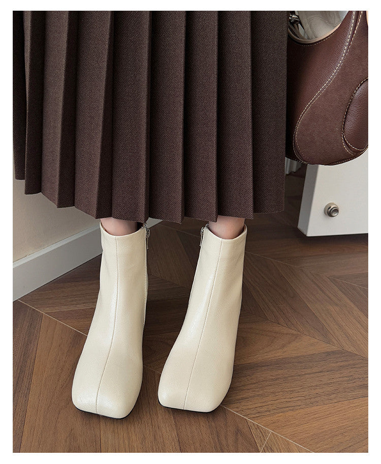 Karin Luna French Style Square Toe Chunky Heel Ankle Boots