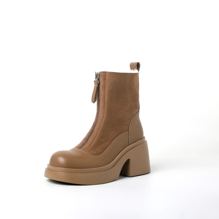 Karin Luna Basic Bestseller Timeless Thick Fur Lined Round Toe Thick Sole Cowhide Snow Boots