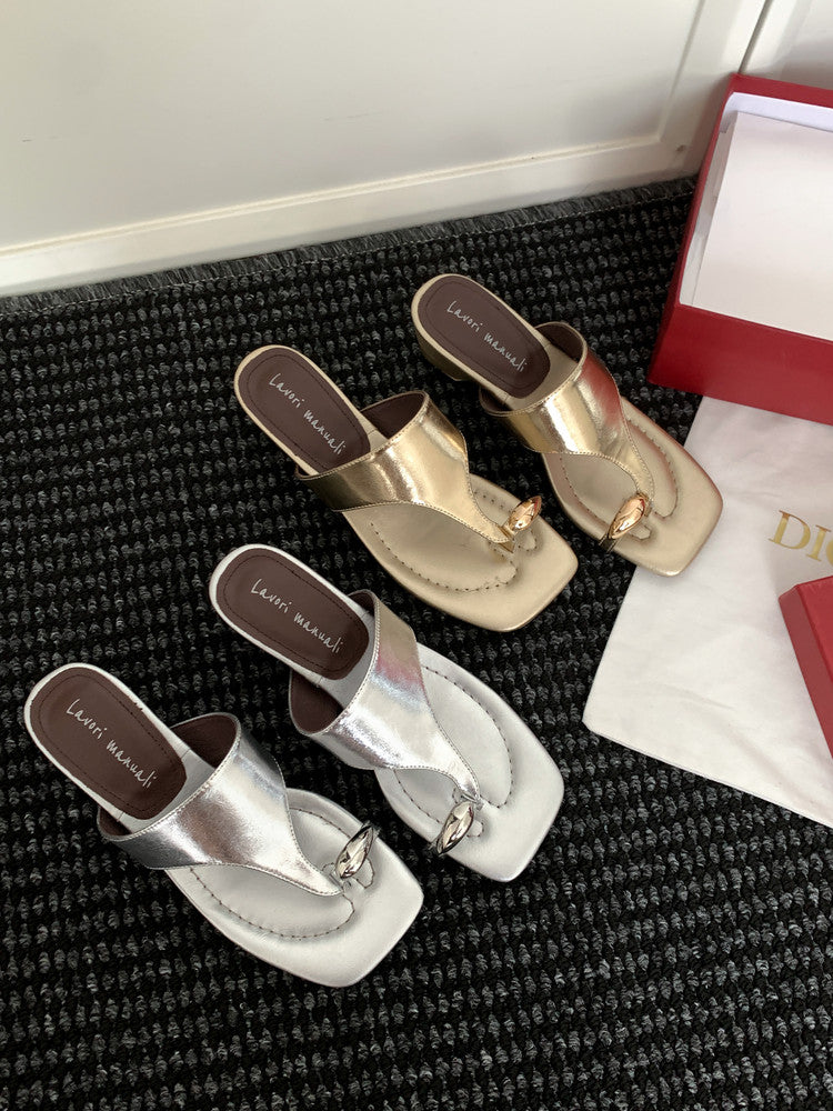 Karin Luna In Stock Spot Goods Clip-toe Square Toe Metal Buckle Minimalist Slippers