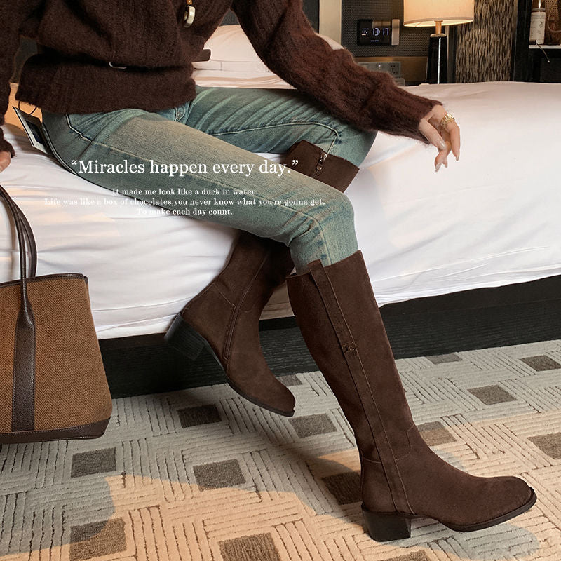 Karin Luna In Stock Spot Goods Basic Retro Square Toe Chunky Heel Riding Boots