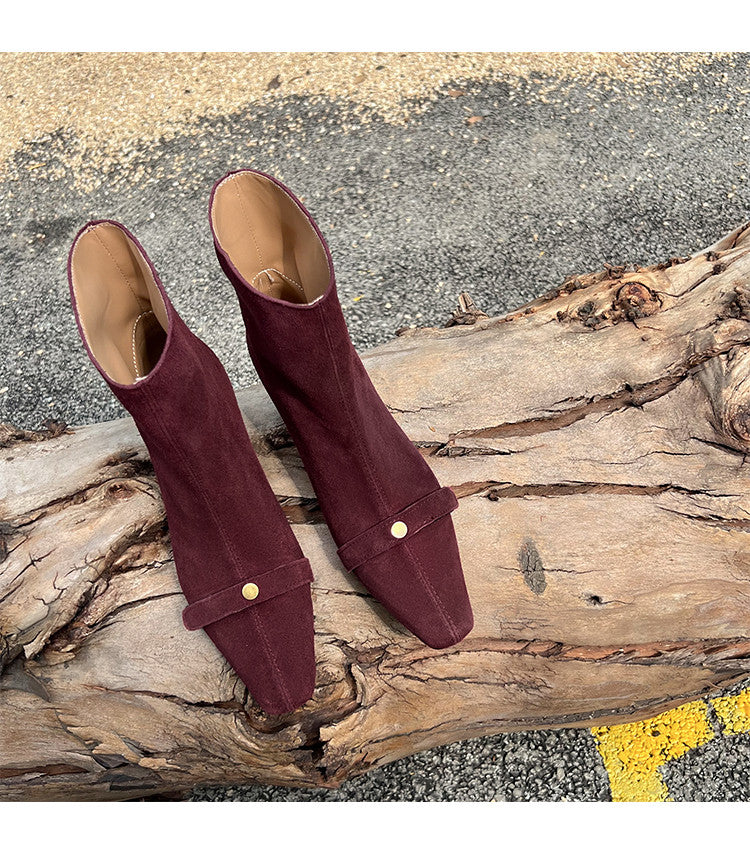 Karin Luna Elegant Style Small Square Toe Belt Buckle Thin Heel Short Boots