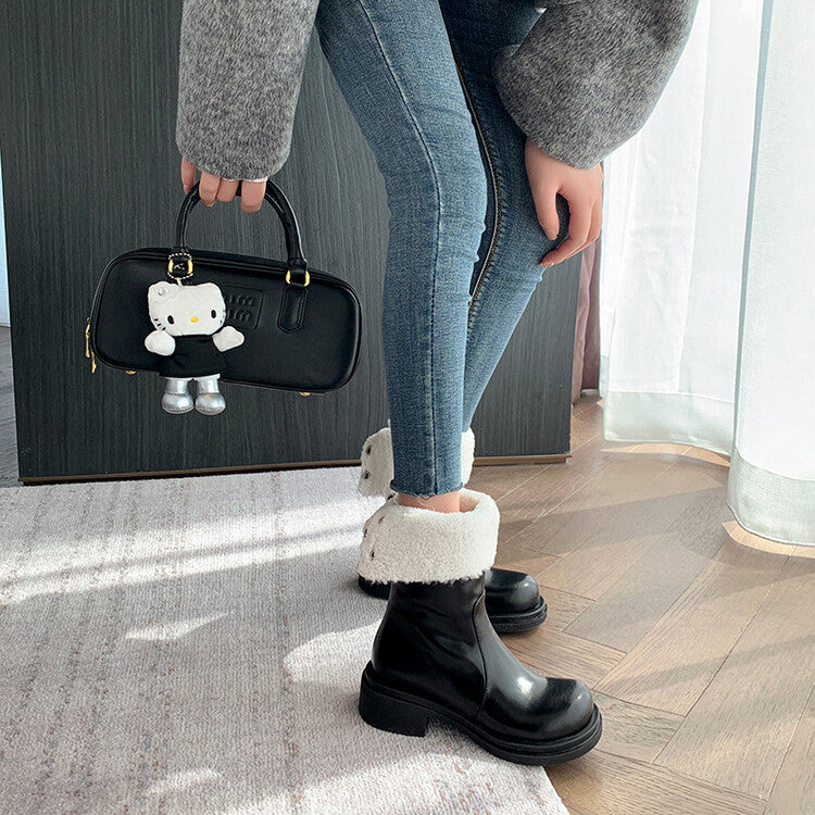 Karin Luna Classic Basic Style   Convertible Foldable Hidden Buckle Snow Fur Shoes Full cowhide Basic Flat Short Boots