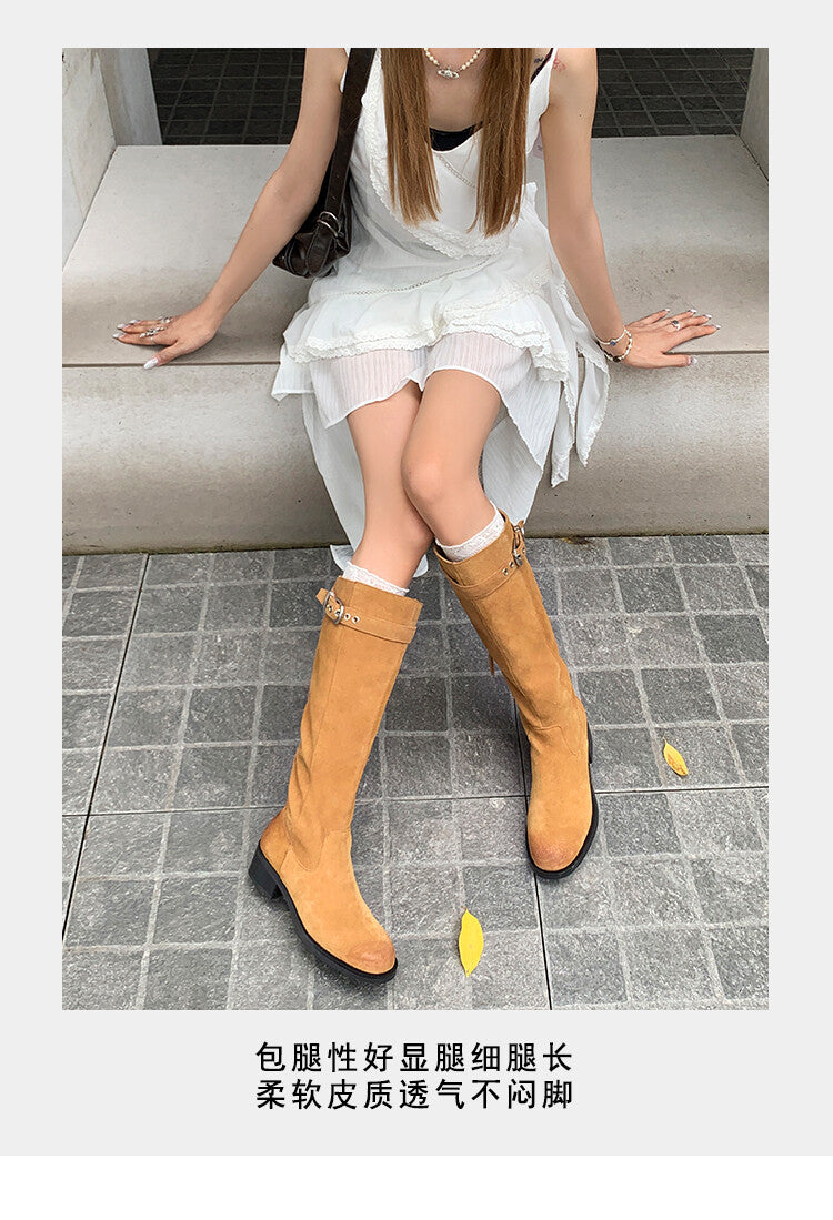 Karin Luna Chunky Heels Round Head Belt Buckle  Fashionable Suede Boots