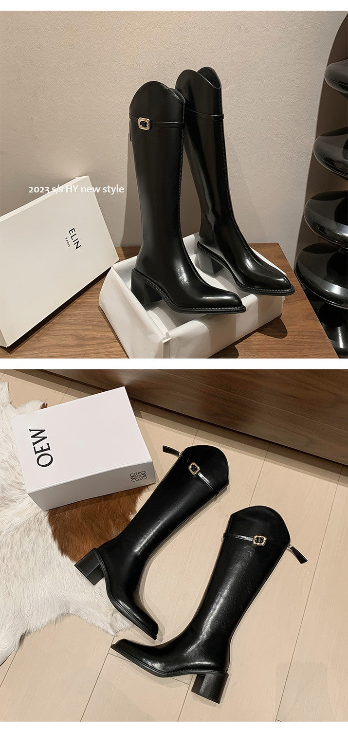 Karin Luna Classic Model In Stock Spot Goods  Elegant Belt Buckle Pointed Toe Chunky Heel Long Boots