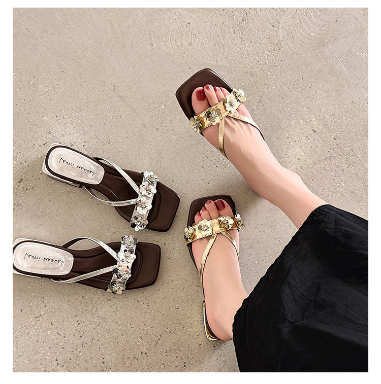 Karin Luna In Stock Spot Goods  One-Strap Sequin Floral Square-Toe Flat Slippers