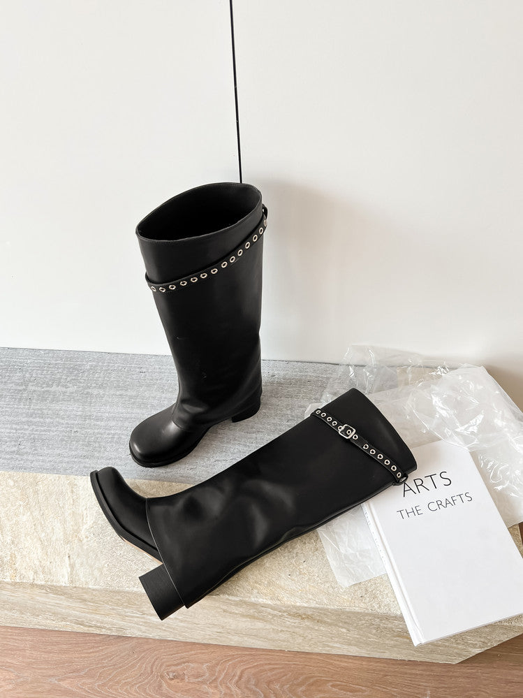 Karin Luna In Stock Spot Goods Belt Buckle Color-Washed Casual Thick-Soled Bootcut Pants Boots