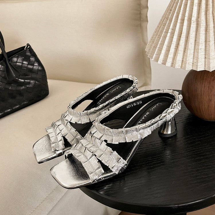 Karin Luna In Stock  Spot Goods  Unique Square-Toe Pleated Lace Sandals