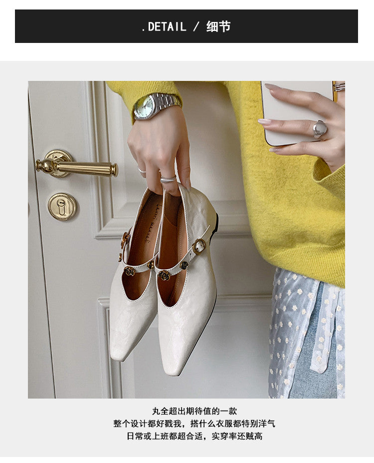 Karin Luna In Stock Spot Goods    Retro Classic Metal Camellia Irregular Heel Single Shoes