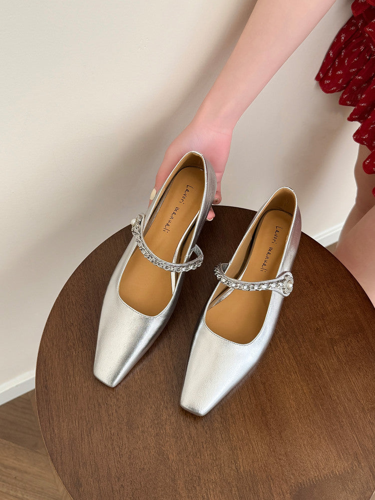 Karin Luna In Stock In Stock ~Metal One-Strap Pearl Small Square Toe Height-Increasing Flats