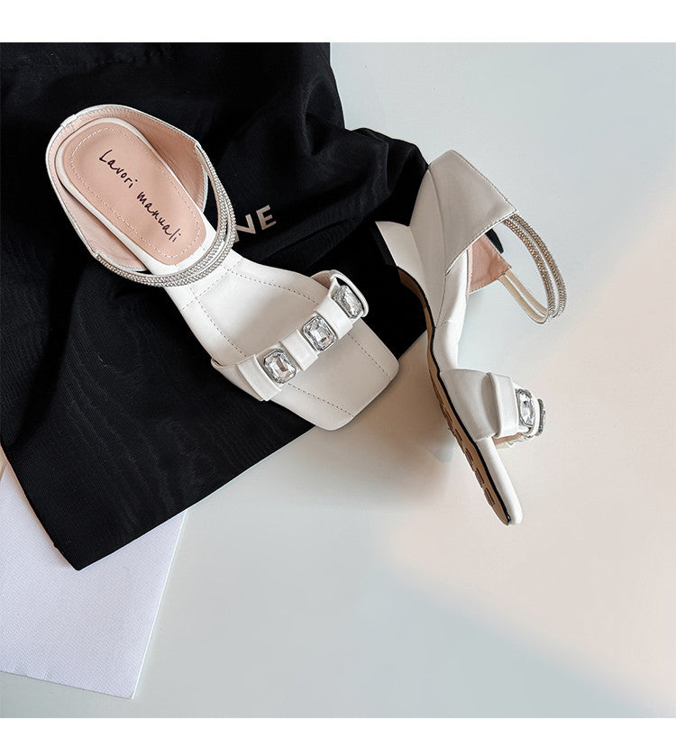 Karin Luna Bestseller Popular Rhinestone Ribbon Square Toe Slippers