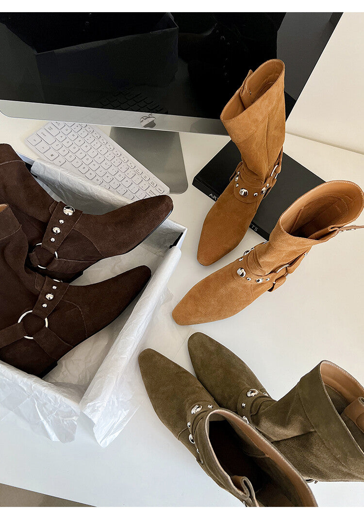 Karin Luna has prepared stock  Hot-Selling Retro Pointed Toe Wedge Metal Buckle High Tube Western Boots