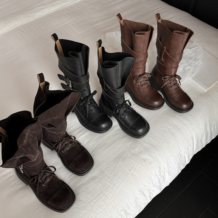 Karin Luna Bestseller Hot-Selling Large Tube Leather Belt Buckle Round Toe Thick-Soled Short Boots