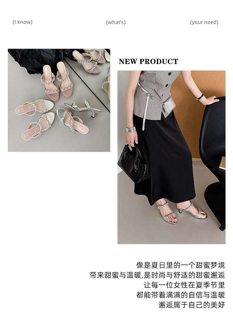 Karin Luna Exquisite Round Toe One-Strap Rhinestone Thin Heel Slippers