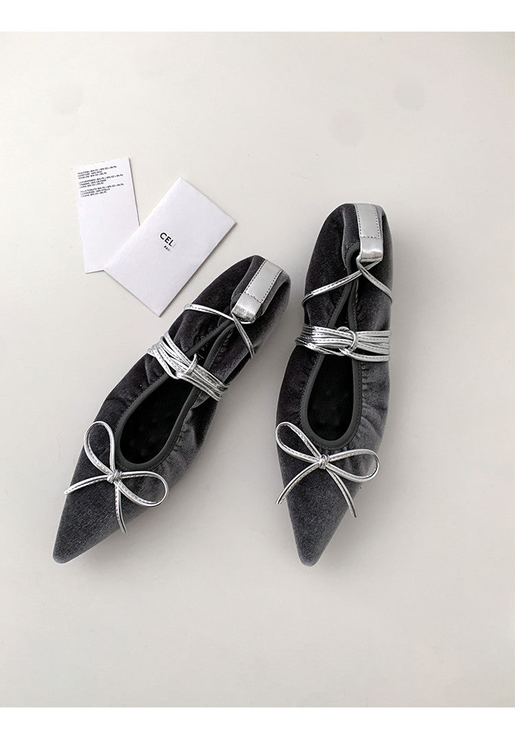 Karin Luna In Stock In Stock Retro Velvet Pointed Toe Bowknot Single Shoes