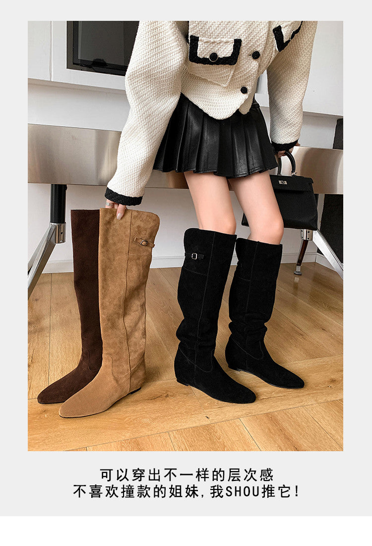 Karin Luna In Stock Spot Goods Vintage Cowhide Leather Two-Way Wear Pointed Toe Height-Increasing Long Boots