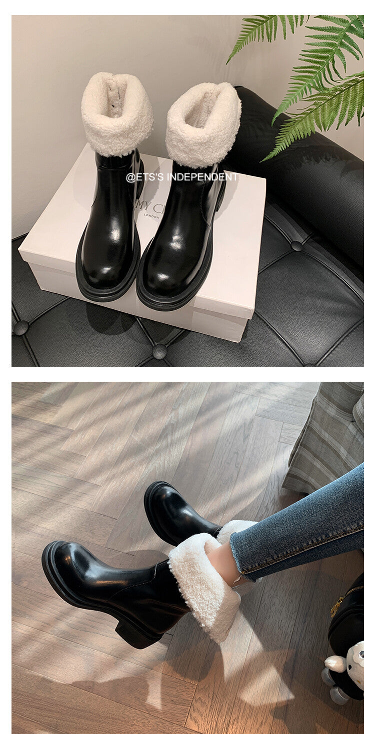 Karin Luna Classic Basic Style   Convertible Foldable Hidden Buckle Snow Fur Shoes Full cowhide Basic Flat Short Boots