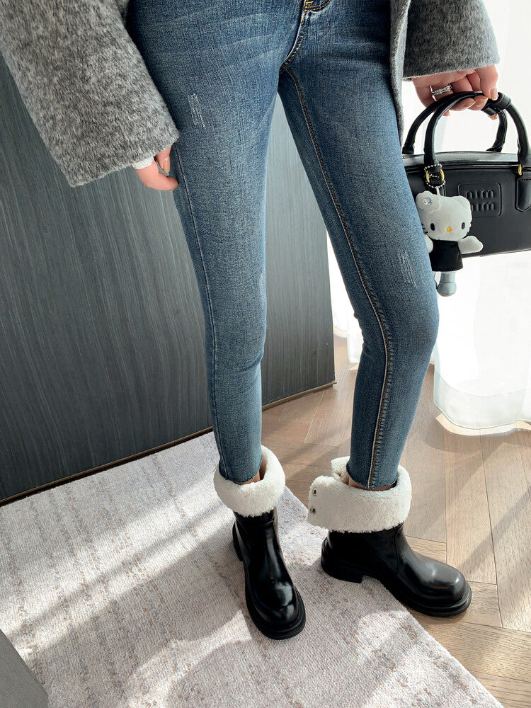 Karin Luna Classic Basic Style   Convertible Foldable Hidden Buckle Snow Fur Shoes Full cowhide Basic Flat Short Boots
