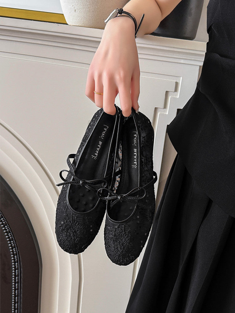 Karin Luna In Stock Spot Goods  Summer Breathable Retro Embroidered Bow Granny Shoes