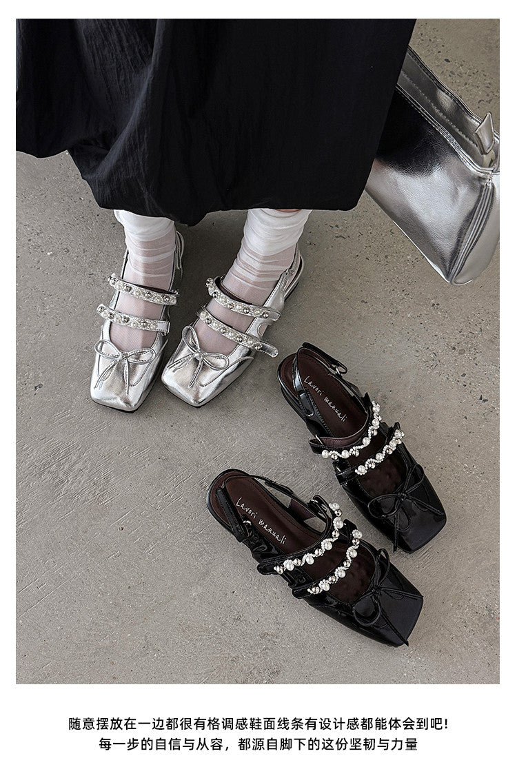 Karin Luna In Stock In Stock  Square Toe Bowknot Pearl Strap Closed-Toe Sandals