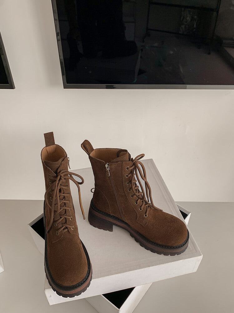 Karin Luna In Stock Spot Goods   Vintage Cowhide Leather Classic Versatile Popular Lace-up Thick Martin Boots