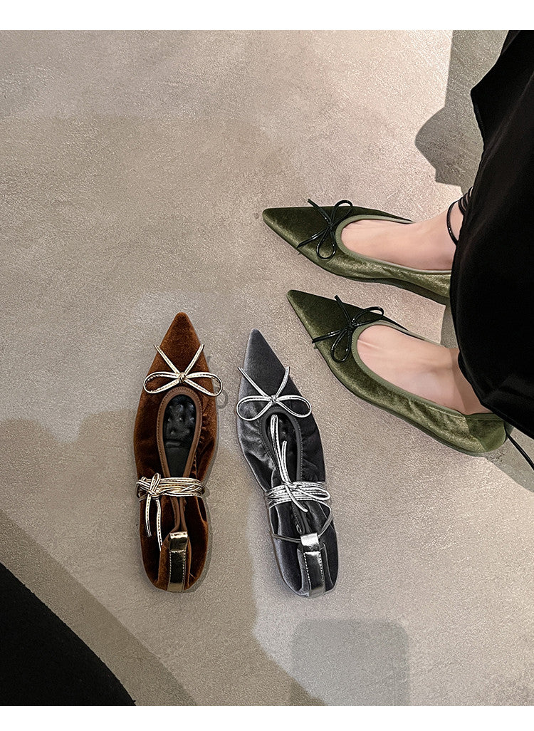 Karin Luna In Stock In Stock Retro Velvet Pointed Toe Bowknot Single Shoes
