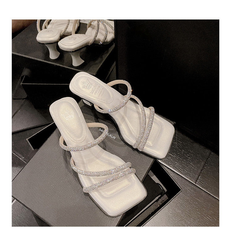 Karin Luna In Stock Spot Goods  Minimalist Versatile Square Toe Rhinestone Strap Open-Toe Sandals